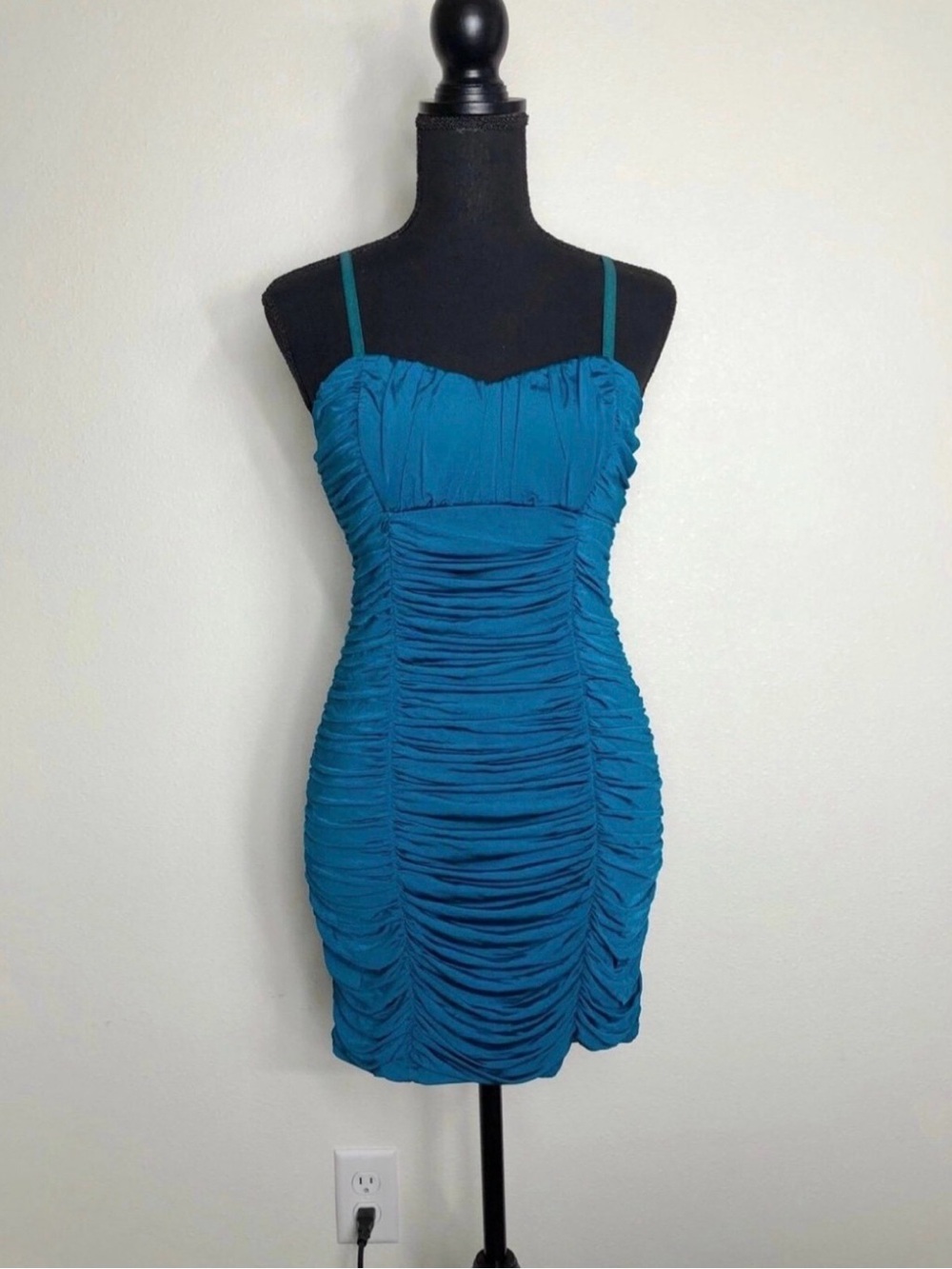 Bebe Peacock Teal Ruched Mini Cocktail Dress NWOT
